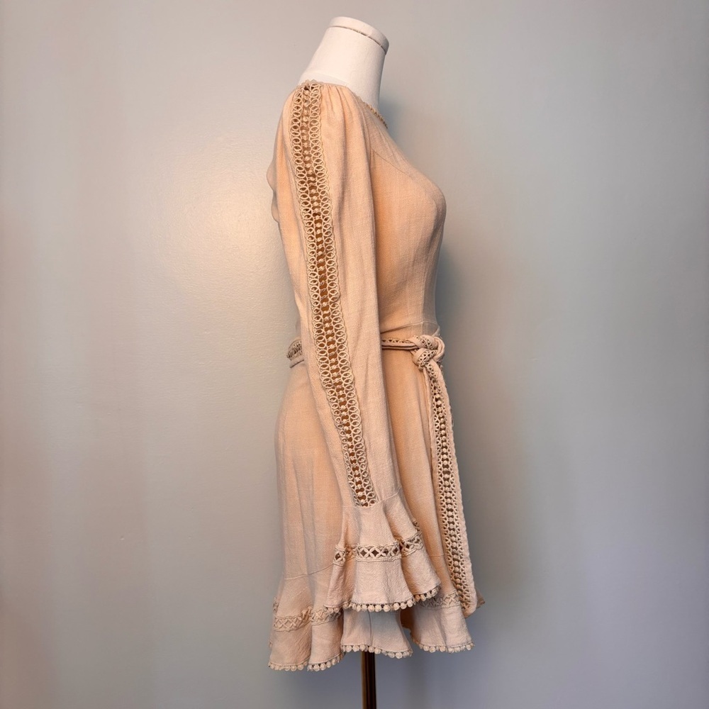Saints and Secrets Flare Linen Embroidered Flare Cuff Waist Tie Dress Beige Sz S - Picture 11 of 15